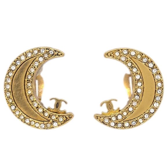 Chanel Gold Crescent Moon Earrings Clip-On Rhinestone 01P 165249 - Picture 1 of 4